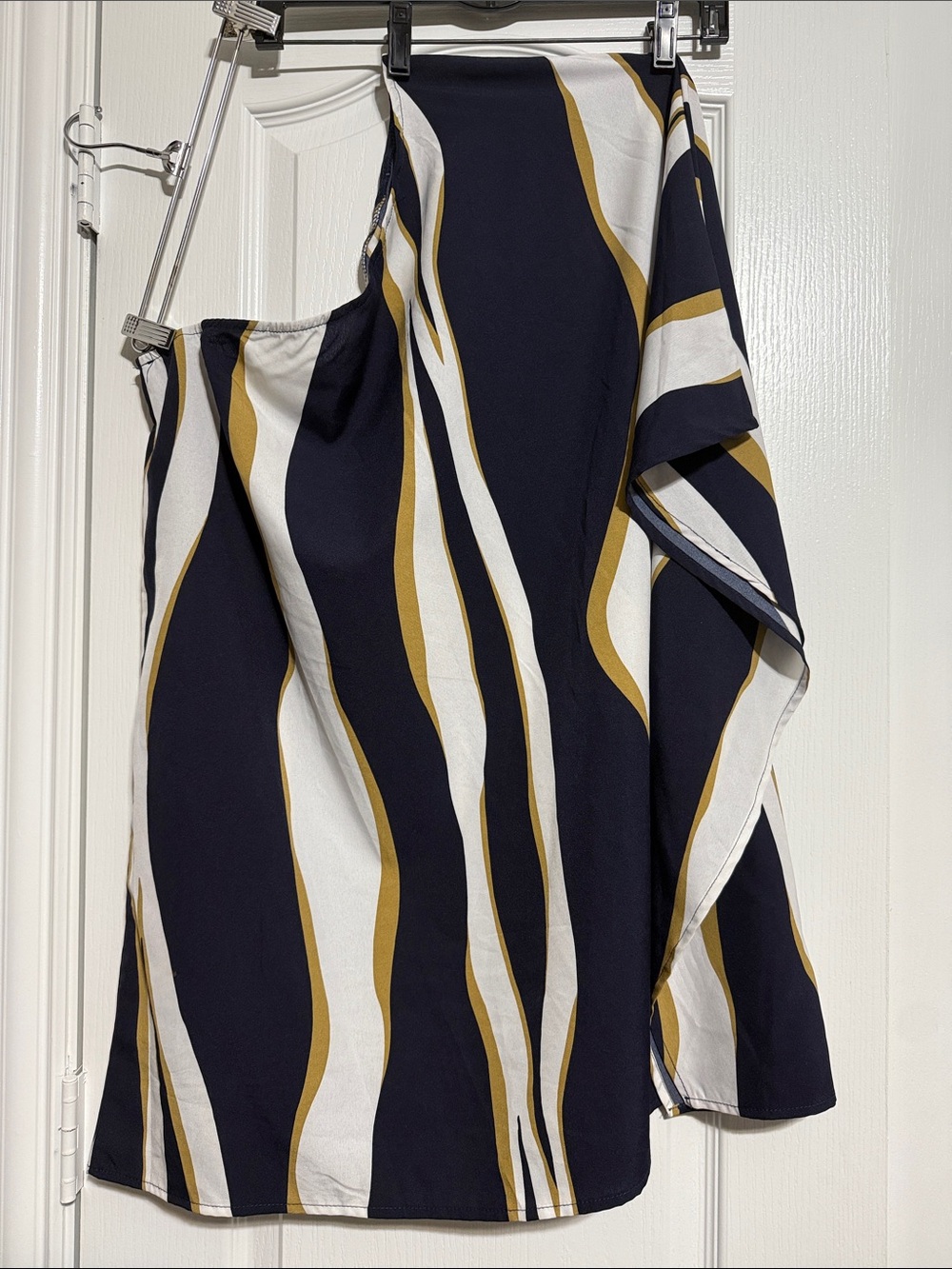 Navy, White & Gold One-Shoulder Wavy Stripe Top